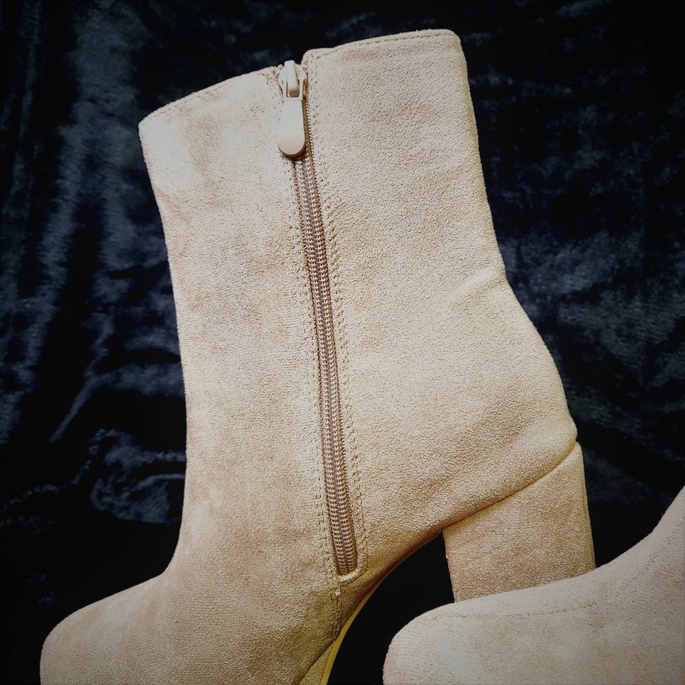 ☆ Mata Taupe (Nude) Faux Suede Ankle Boots With 3.5" Chunky Heel - Picture 4 of 7